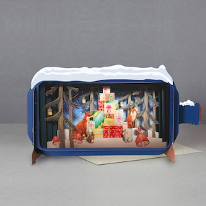 renards, cadeaux, lanternes, lumières, arbres de Noël, carte découpée au laser, message 3D dans une bouteille, carte pop-out, carte-cadeau 3D, carte faite main, 3D, carte-cadeau, boîte
