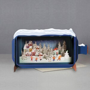 schaatsen, familieplezier, stadsbeeld, kerstmis, bomen, 3D-bericht in fles, pop-outkaart, handgemaakte kaart, 3d, cadeaubon, winters tafereel, mooi cadeau