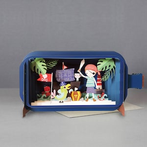 pirata, papagaio, espada, baú do tesouro, âncora, farol, bandeira, cartão cortado a laser, mensagem 3D em garrafa, cartão pop-out, cartão presente 3D, cartão feito à mão, 3D, rede