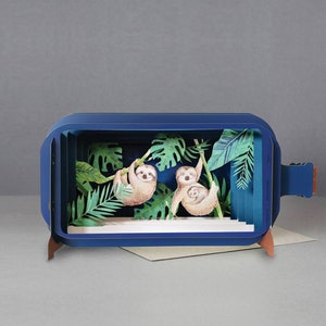 bradipi,alberi,giungla,dormire,bambino,natura,fauna selvatica,biglietto tagliato al laser,messaggio 3d in bottiglia,biglietto pop out,buono regalo 3d,biglietto fatto a mano,3d,buono regalo