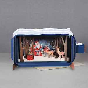 kerstman,herten,cadeaus,zak,huis,bomen,3D-bericht in fles,pop-outkaart,3D-cadeaubon,handgemaakte kaart,cadeaubon,winter