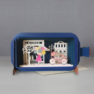 kleurrijk, ballonnen, bloemenwinkel, duwfiets, magisch, Lasergesneden kaart, 3d bericht in fles, pop-out kaart, 3d cadeaubon, handgemaakte kaart, 3d, cadeaubon