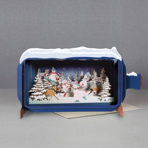 sneeuwmannen, schaatsen, boom, feestelijke tijd, cadeaus, decoraties, 3D-bericht in fles, pop-outkaart, 3D-cadeaubon, handgemaakte kaart, 3d, cadeaubon, sneeuwscène