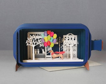 Pop up card,happy birthday,balloons,dog,street scene,Laser cut card, 3d message in a bottle, pop out card, 3d gift card,handmade card, 3d