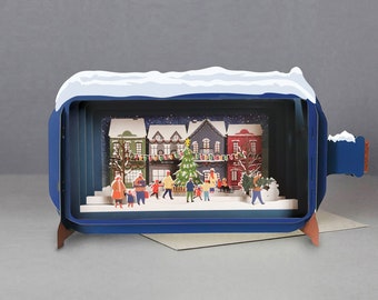 Weihnachten, Strassenszene, Häuser, Bäume, Winter, Laser geschnitten Karte, 3D Nachricht in der Flasche, Pop-out-Karte, 3D Geschenkkarte, handgemachte Karte, Familien, Dekorationen