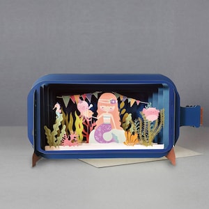 sereia, polvo, cavalo marinho, puffafish, buntins, coral, cartão cortado a laser, mensagem 3D em garrafa, cartão pop-out, vale-presente 3D, cartão feito à mão, 3D, vale-presente