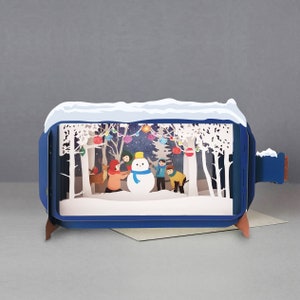 Weihnachten, Schneemann, Lichter, Rentier, glückliche Kinder, Laser geschnitten Karte, 3D-Nachricht in der Flasche, Pop-out-Karte, 3D Geschenkkarte, handgemachte Karte, 3D, Geschenkkarte