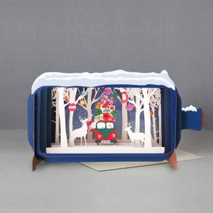 Kerstmis, vw, kerstman, hert, cadeaus, bomen, lasergesneden kaart, 3D-bericht in fles, pop-outkaart, 3D-cadeaubon, handgemaakte kaart, 3D, cadeaubon