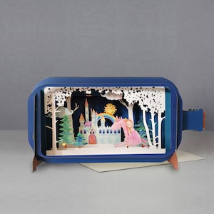 roze draak, sprookjeskasteel, regenboog, kerstbomen, lasergesneden kaart, 3d bericht in fles, pop-out kaart, 3d cadeaubon, handgemaakte kaart, 3d, kinderen,