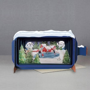 huizen, schaatsen, bomen, gelukkige mensen, 3d bericht in fles, pop-up kaart, 3d cadeaubon, handgemaakte kaart, winters tafereel, konijnen, hoofdhuid,