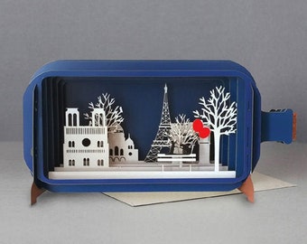 Paris,balloons,park bench,french street scene,Laser cut card, 3d message in bottle, pop out card, 3d gift card,handmade card, 3d, gift card