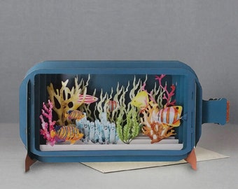 fishes,underwater scene,colourful,nature,coral,Laser cut card, 3d message in bottle, pop out card, 3d gift card,handmade card, 3d, gift card