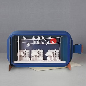 familie, vogels op draad, speels, huisdieren, huizen, dieren in het wild, lasergesneden kaart, 3d bericht in fles, pop-out kaart, 3d cadeaubon, handgemaakte kaart, 3d, cadeaubon