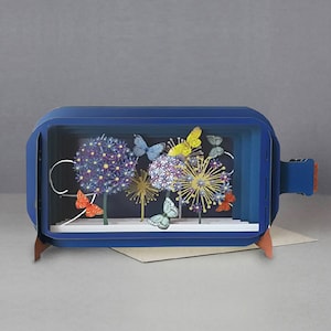 vlinders, bloemen, cadeaubon, lasergesneden kaart, pop-out kaart, 3D-bericht in fles, 3D-cadeaubon, handgemaakte kaart, 3D,