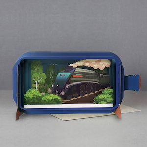 Carte pop up, union d'afrique du sud, train à vapeur, chemin de fer, vitesse, carte découpée au laser, message 3D dans une bouteille, carte pop out, carte-cadeau 3D, carte faite main,