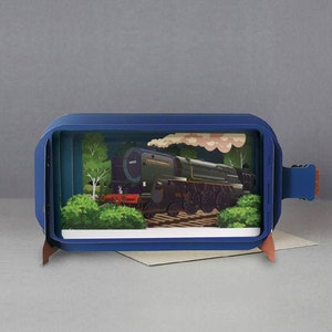 Tarjeta emergente, Oliver Cromwell, tren de vapor, vías, paisaje, tarjeta cortada con láser, mensaje 3D en una botella, tarjeta emergente, tarjeta de regalo 3D, tarjeta hecha a mano.