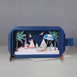 escena de playa, yates, sombrilla, aves marinas, faro, tumbonas, palmeras, mensaje 3d en botella, tarjeta emergente, tarjeta de regalo 3d, tarjeta hecha a mano, tarjeta de regalo