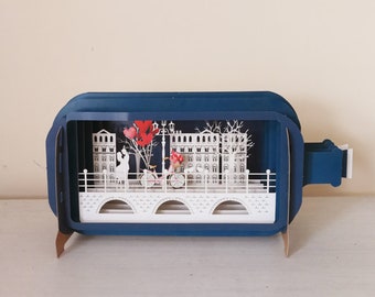 couple,love heart,bicycle,amsterdam type scene,lamp,Laser cut card,3d message in bottle,pop out card,3d gift card,handmade card,3d,gift card