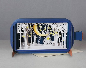 man in the moon,stars,deer,rabbits,beautiful,trees,Laser cut card,3d message in bottle,pop out card,3d gift card,handmade card,3d,gift card