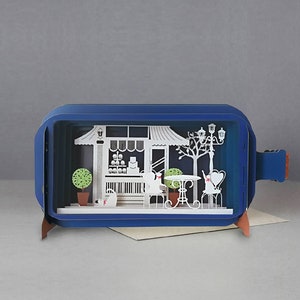 Pâtisserie,table et chaises,pâtisserie,chats,lampe,Carte découpée au laser,message 3D dans une bouteille,carte pop-out,carte-cadeau 3D,carte fait main,3D,carte-cadeau
