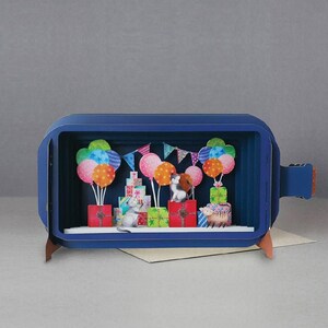 vieringen,feest,kleurrijk,ballonnen,cadeaus,katten,lasergesneden kaart,3D-bericht in fles,pop-outkaart,3D-cadeaukaart,handgemaakte kaart,3D,cadeaubon