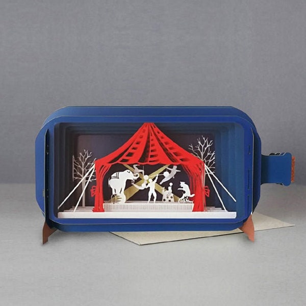 chapiteau, cirque, artistes de spectacle, homme fort, animaux, trapèze, carte découpée au laser, message 3D dans une bouteille, carte pop-out, carte-cadeau 3D, carte faite main,3D, carte-cadeau