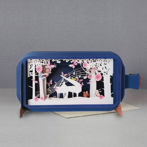 pianist, muzieknoten, uil, eekhoorn, vlinder, lasergesneden kaart, 3D-bericht in fles, pop-outkaart, 3D-cadeaubon, handgemaakte kaart, 3D, cadeaubon