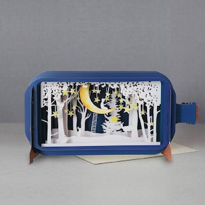 man in de maan,sterren,herten,konijnen,mooie,bomen,lasergesneden kaart,3D-bericht in fles,pop-outkaart,3D-cadeaubon,handgemaakte kaart,3D,cadeaubon