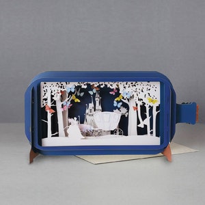 sprookjesachtige scène, paard en wagen, kasteel, vlinders, bomen, baljurk, 3d bericht in fles, pop-out kaart, 3d cadeaubon, handgemaakte kaart, cadeaubon