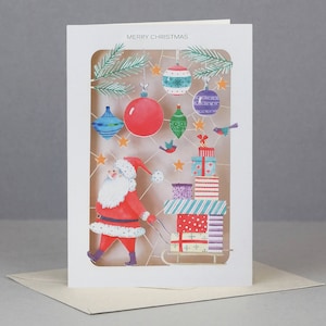 Cartão de natal cortado a laser, papai noel, trenó, decorações, robin, presentes, estrelas, cores, festivo, lindo, ver através da capa, robins, barba