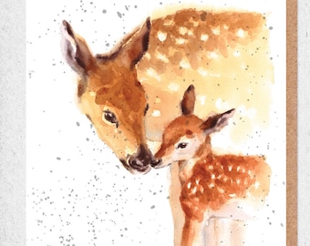deer,fine art watercolour painting,mother and baby,beautiful,lovely card,birthday card,gift card,thank you,friendship card,nature,wildlife