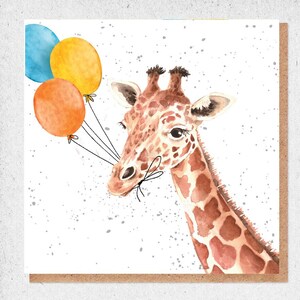pintura de acuarela de bellas artes, tarjeta encantadora, jirafa, globos, fiesta, tarjeta de cumpleaños, tarjeta de regalo, gracias, tarjeta de amistad, naturaleza, vida silvestre, colorido