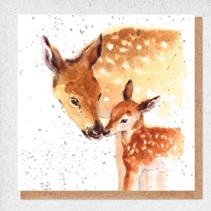 ciervo, pintura de acuarela de bellas artes, madre y bebé, hermosa, tarjeta encantadora, tarjeta de cumpleaños, tarjeta de regalo, gracias, tarjeta de amistad, naturaleza, vida silvestre