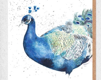 fine art watercolour painting,lovely card,peacock,colourful,birthday card,gift card,thank you,nature,wildlife,bird