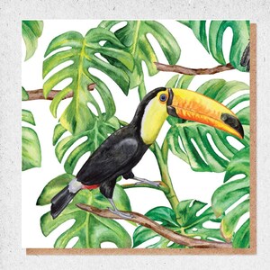 Fine Art aquarel, mooie kaart, toekan, kleurrijk, gele snavel, verjaardagskaart, cadeaubon, dank u, vriendschapskaart, natuur, vogel, tak