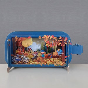 Carte pop-up, vélo, venteux, enfants, écharpe, chien, scène d'automne, carte découpée au laser, message 3D dans une bouteille, carte pop-out, carte-cadeau 3D, carte faite main, 3D