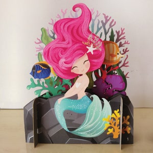 sirène, poissons, corail, coloré, heureux, carte pour enfants, exotique, étoile, faune, carte découpée au laser, carte pop-out, carte-cadeau 3D, 3D, carte-cadeau