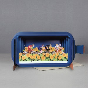 Pop Up Karte, Sonnenblumen, Radfahrer, Peleton, Rennszene, Laser geschnitten Karte, 3D Nachricht in der Flasche, Pop-out Karte, 3D Geschenkkarte, handgemachte Karte, Outdoor