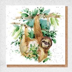 perezoso, pintura de acuarela de bellas artes, tarjeta encantadora, perezoso en el hábitat, vegetación, tarjeta de cumpleaños, tarjeta de regalo, gracias, tarjeta de amistad, naturaleza