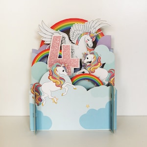 4º aniversário, cartão de menina, colorido, arco-íris, feliz, nuvens, colorido, unicórnios, cartão infantil, cartão cortado a laser, cartão pop-out, vale-presente 3d, 3d, vale-presente