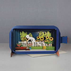 jardinagem, flores, girassóis, vasos de flores, cartão cortado a laser, mensagem 3D em garrafa, cartão pop-out, cartão-presente 3D, treliça, regador, cães, pássaros, verde