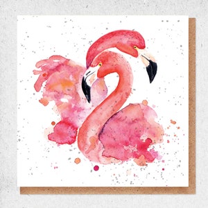flamencos, pintura de acuarela de bellas artes, tarjeta encantadora, pájaros coloridos, flamenco bonito, tarjeta de cumpleaños, tarjeta de regalo, gracias, tarjeta de amistad