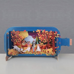 dálmata, perros, fiesta, jugando, corgi, otoño, colorido, tarjeta cortada con láser, mensaje 3d en botella, tarjeta emergente, tarjeta de regalo 3d, tarjeta hecha a mano, 3d, tarjeta de regalo