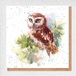 pintura de acuarela de bellas artes, tarjeta encantadora, búho, hábitat natural, vida silvestre, hermosa, tarjeta de cumpleaños, tarjeta de regalo, gracias, tarjeta de amistad