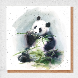malarstwo akwarelowe, piękna kartka, panda, karmienie, siedzenie, bambus, kartka urodzinowa, karta podarunkowa, podziękowanie, kartka przyjaźni, natura