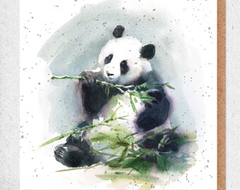 fine art watercolour painting,lovely card,panda,feeding,sitting,bamboo,birthday card,gift card,thank you,friendship card,nature