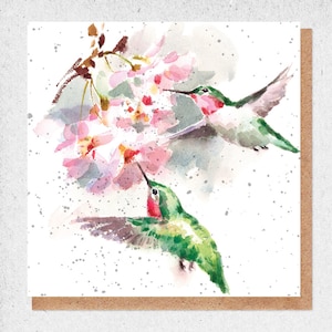 pintura de acuarela de bellas artes, tarjeta encantadora, pájaros coloridos, colibríes, flores, tarjeta de cumpleaños, tarjeta de regalo, gracias, tarjeta de amistad