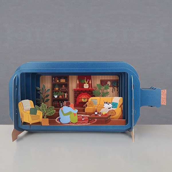 sitting room,loving couple,pet cat,relaxing,wine,Laser cut card,3d message in bottle,pop out card,3d gift card,handmade card,3d,gift card