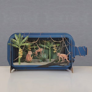 monos, árboles, selva, plátanos, naturaleza, vides, tarjeta cortada con láser, mensaje 3d en botella, tarjeta emergente, tarjeta de regalo 3d, tarjeta hecha a mano, 3d, tarjeta de regalo, balanceo