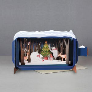 ijsbeer, cadeaus, feestelijke kaart, lasergesneden kaart, 3D-bericht in fles, pop-outkaart, 3D-cadeaubon, handgemaakte kaart, 3D, cadeaubon, hert, boom